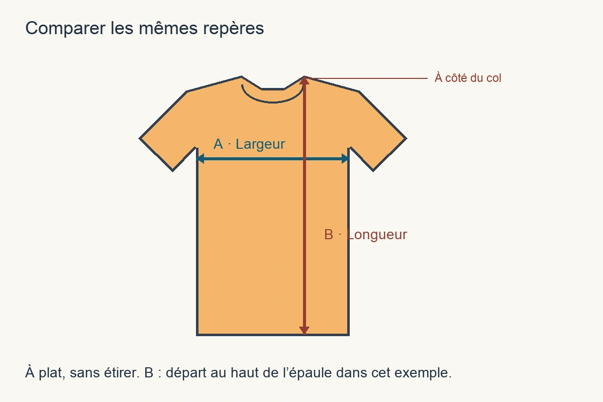 Schéma d’un tee-shirt à plat : largeur horizontale sous les emmanchures et longueur verticale depuis le haut de l’épaule près du col.