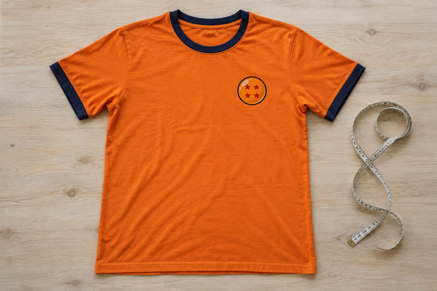 Tee-shirt orange à motif de boule à quatre étoiles posé à plat avec un mètre ruban.