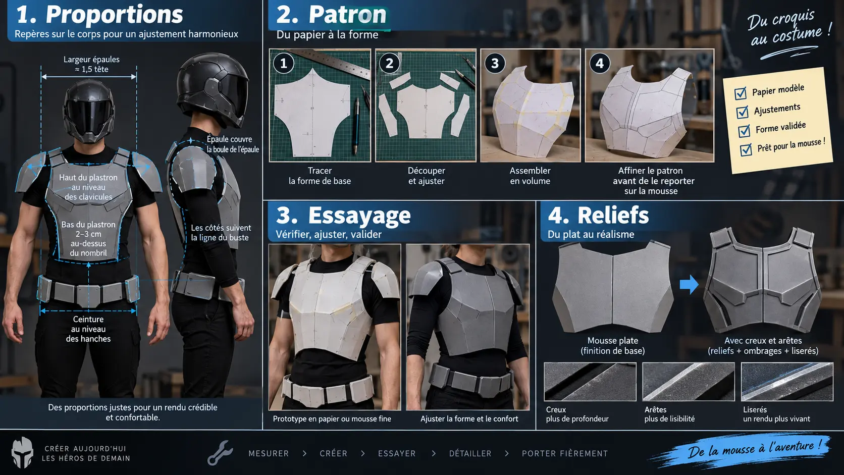 Proportions, patronage, essayage et reliefs d’une armure en mousse